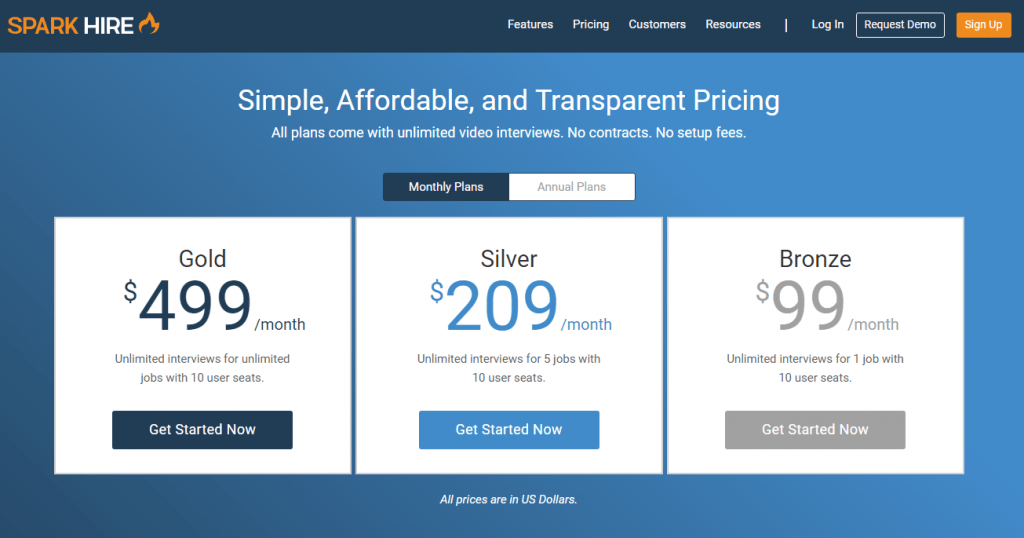 sparkhire review pricing - monthy plan