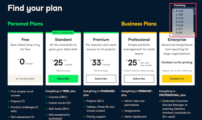 DataCamp plans & pricing