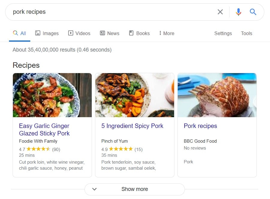 Snippets on google search results