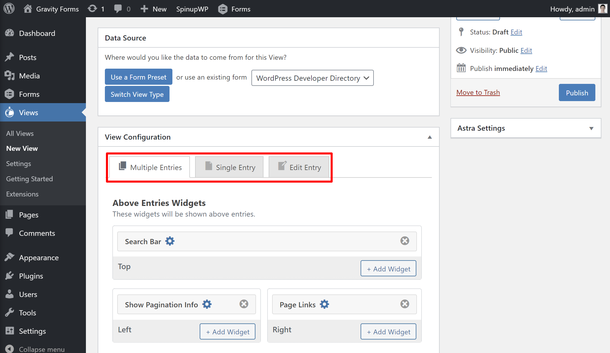 The three different GravityView template settings