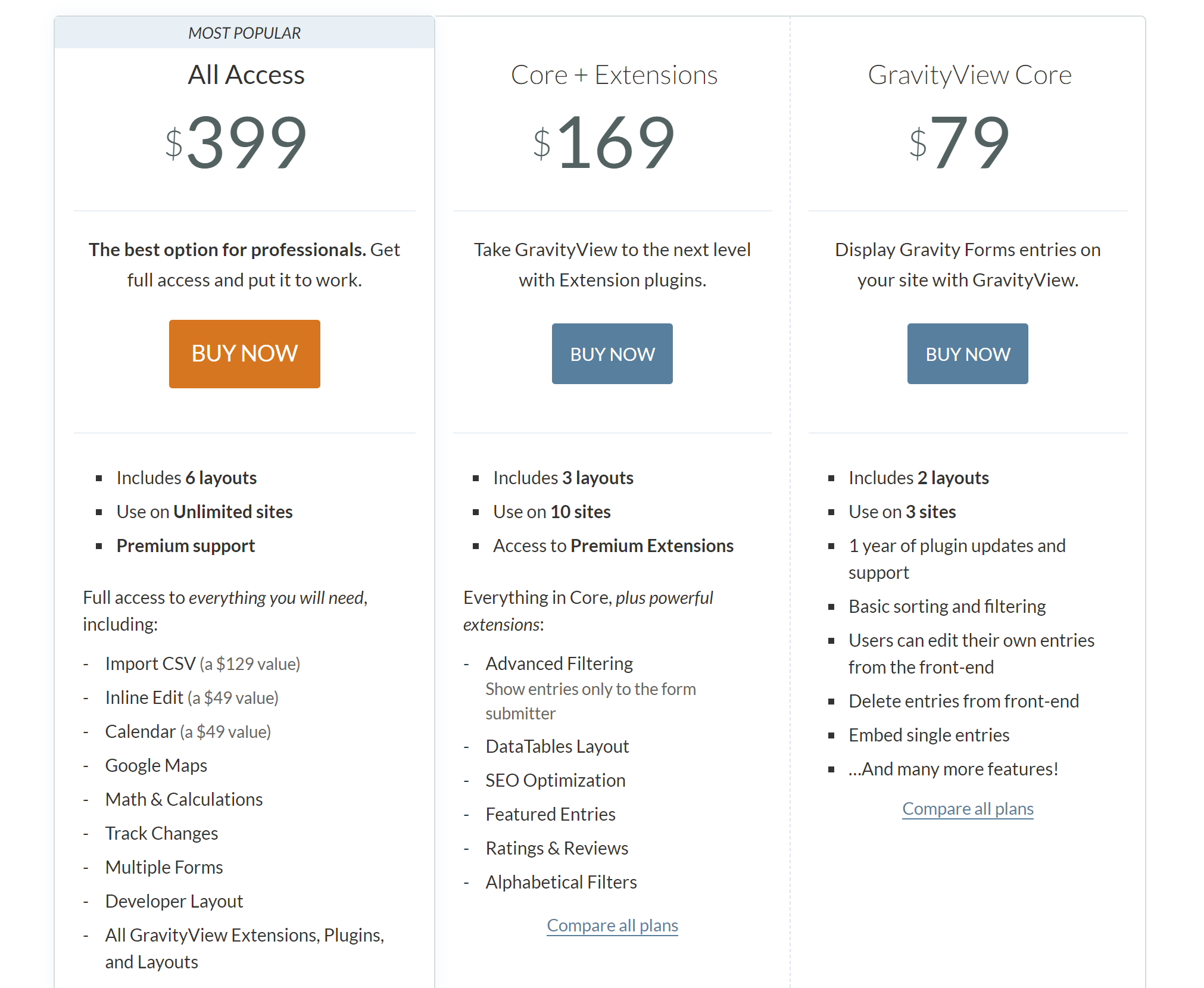 The pricing page for GravityView