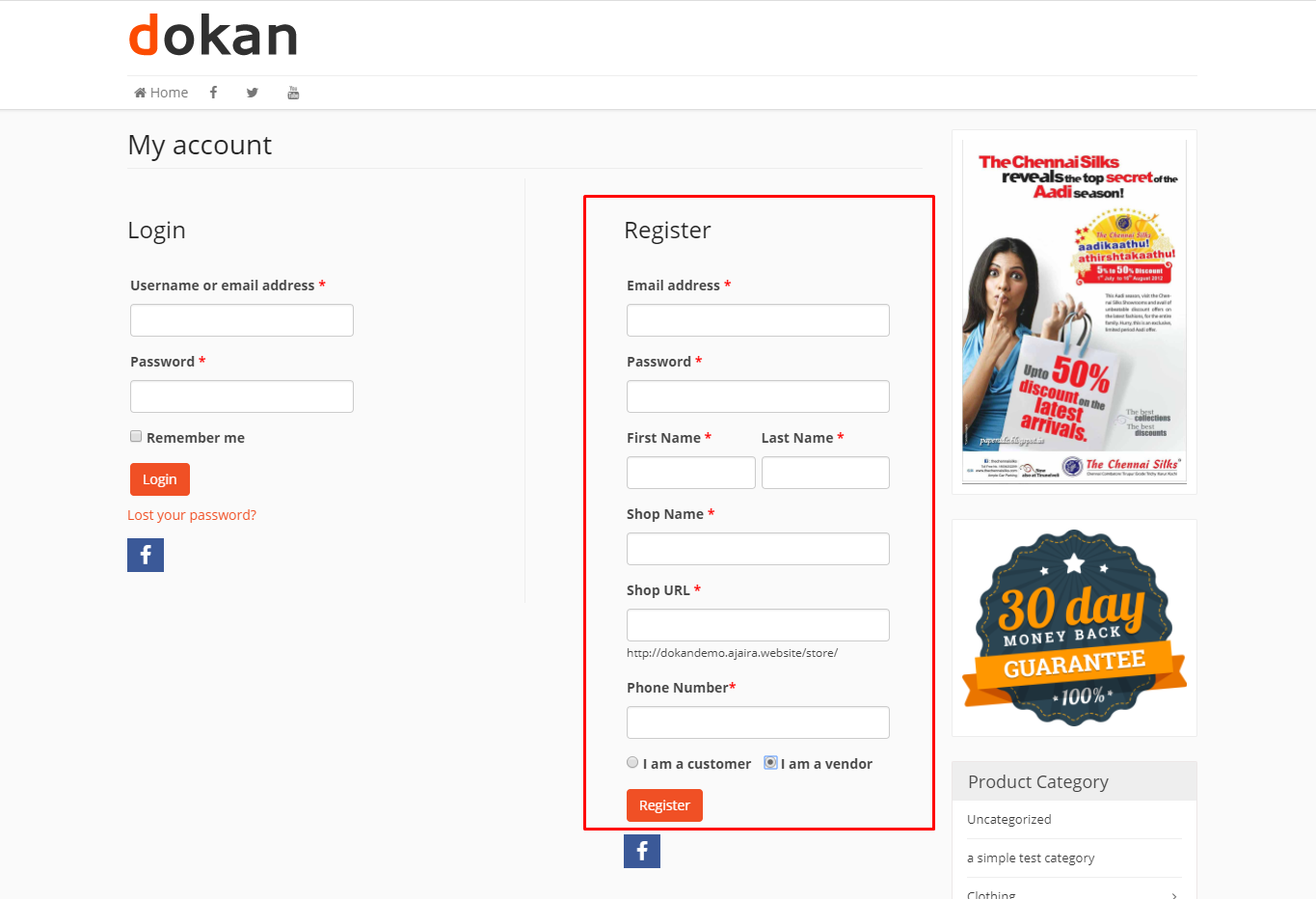 A screenshot of dokan registration form