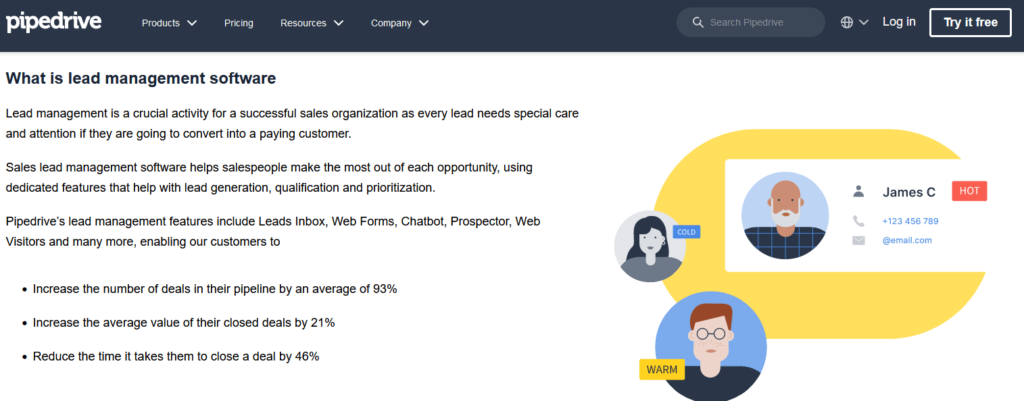 Pipedrive website's explanation of lead management software and its features